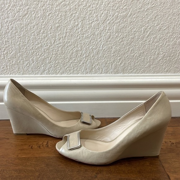 Coach Kellen Taupe Leather Peep Toe Wedge Heels - Picture 5 of 9